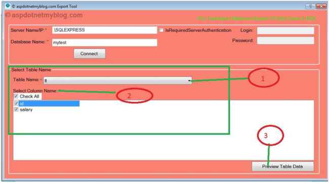 select table name and column name using checkbox